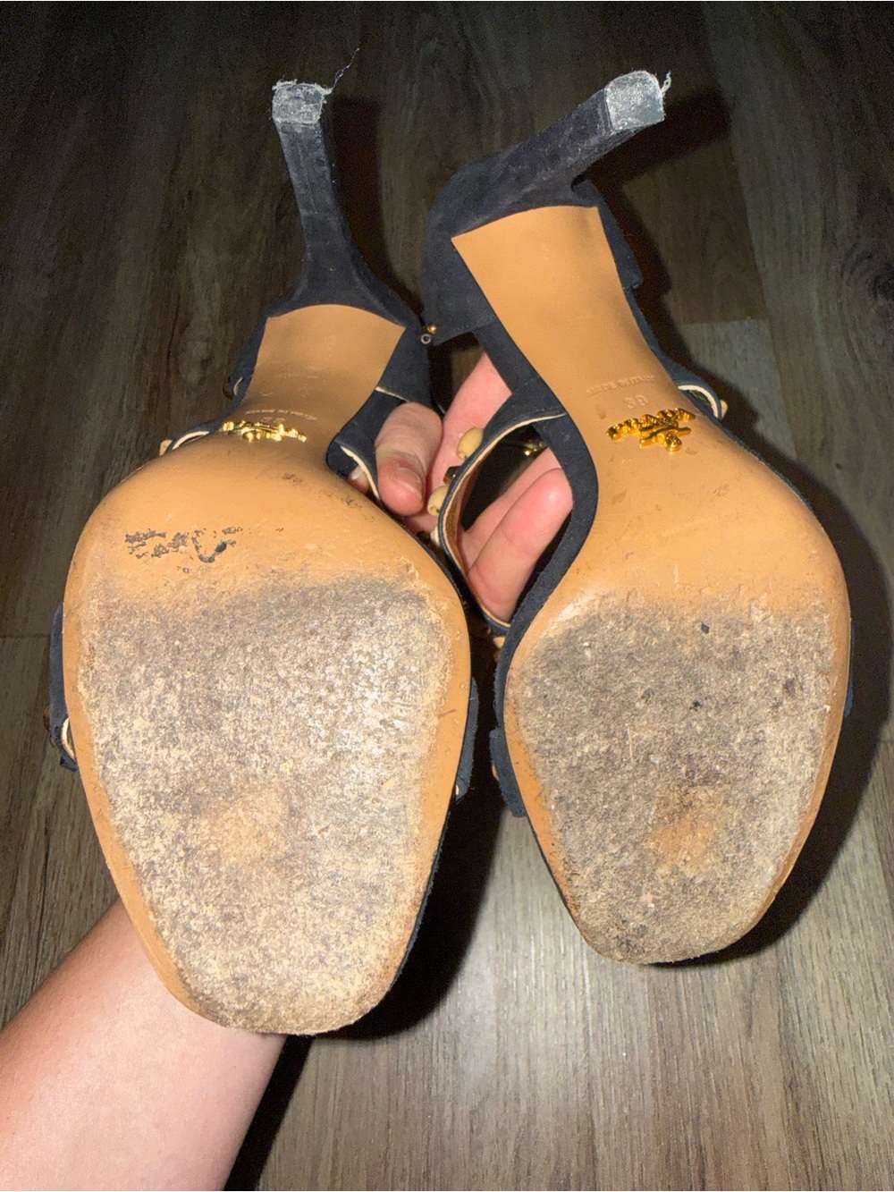 EU 39 Authentic Prada Black Suede Ankle-Strap Heels with Gold Stud Detailing - Picture 4 of 4